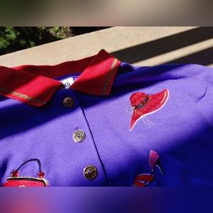 Bonworth Vintage Purple Red Embroidered Fashion Red Gem Polo Button Down Shirt